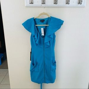 bebe blue silk ruffle zipper dress  NWT